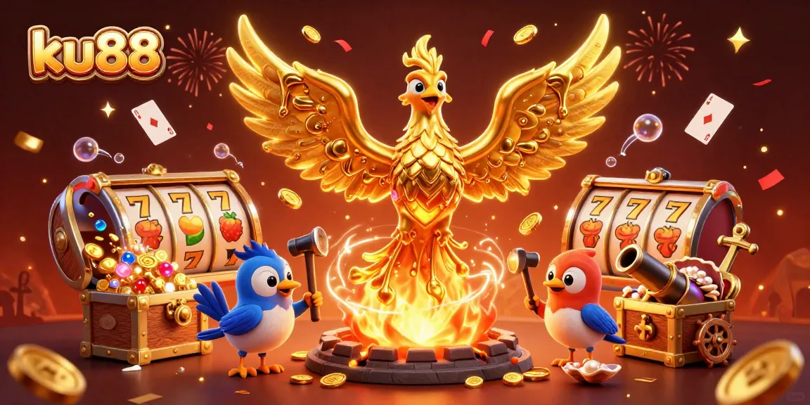 Experience the thrill of ku88 with a golden phoenix and dynamic gambling elements in this 3D illustration.