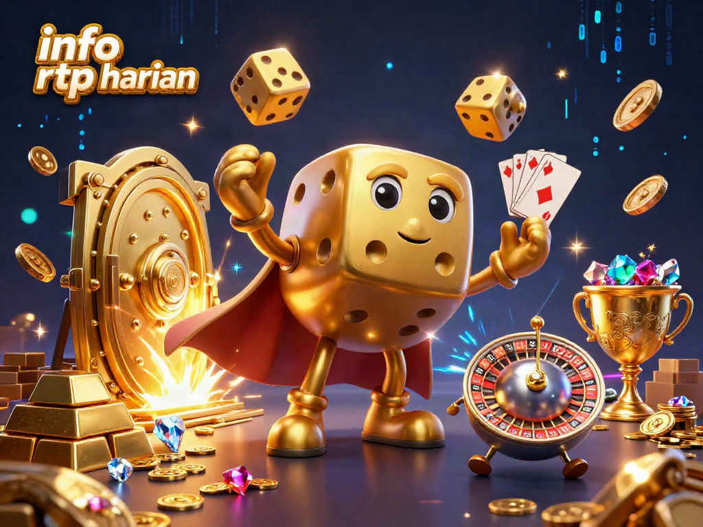 Engage with info rtp harian through a lively scene depicting golden dice and sparkling gems in an online casino environment.