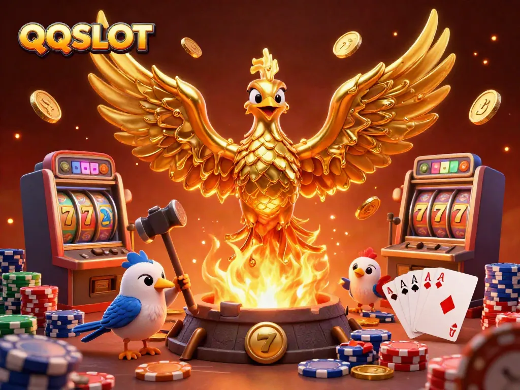 Experience QQSLOT with a dynamic scene of a golden phoenix and slot machines, capturing the thrill of gambling.