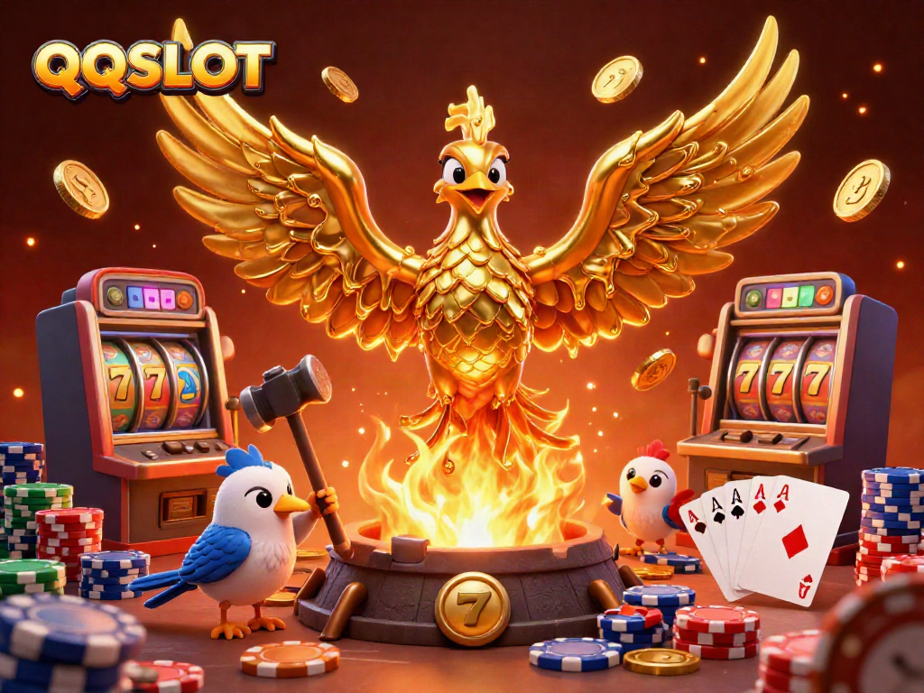 Experience QQSLOT with a dynamic scene of a golden phoenix and slot machines, capturing the thrill of gambling.