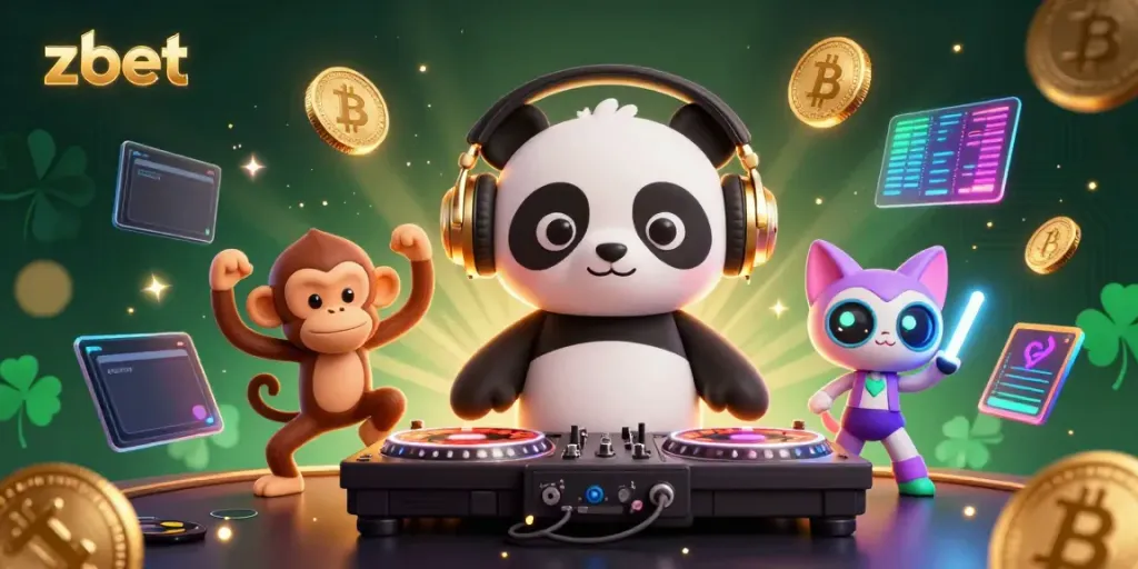 Experience thrilling gaming at zbet with a lively DJ panda spinning, showcasing vibrant casino elements.