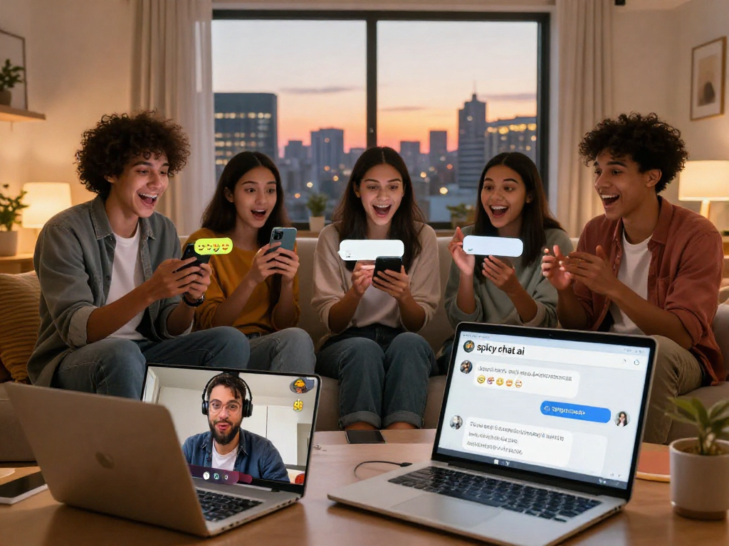 Friends enjoying spicy chat ai on their devices in a cozy, inviting room.