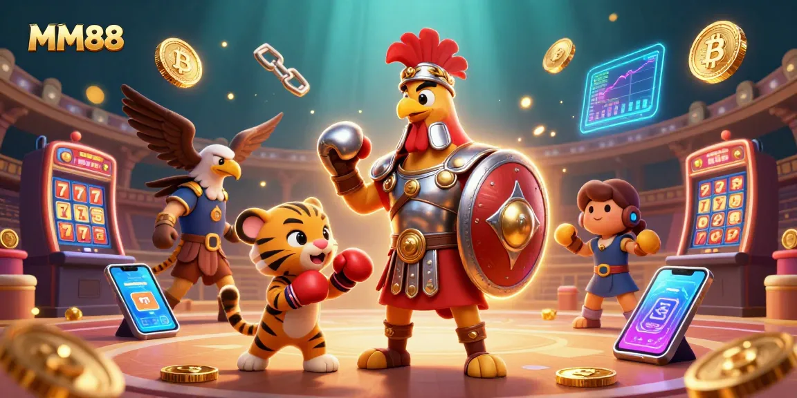 Experience thrilling MM88 casino games with dynamic characters and crypto elements in this captivating scene.