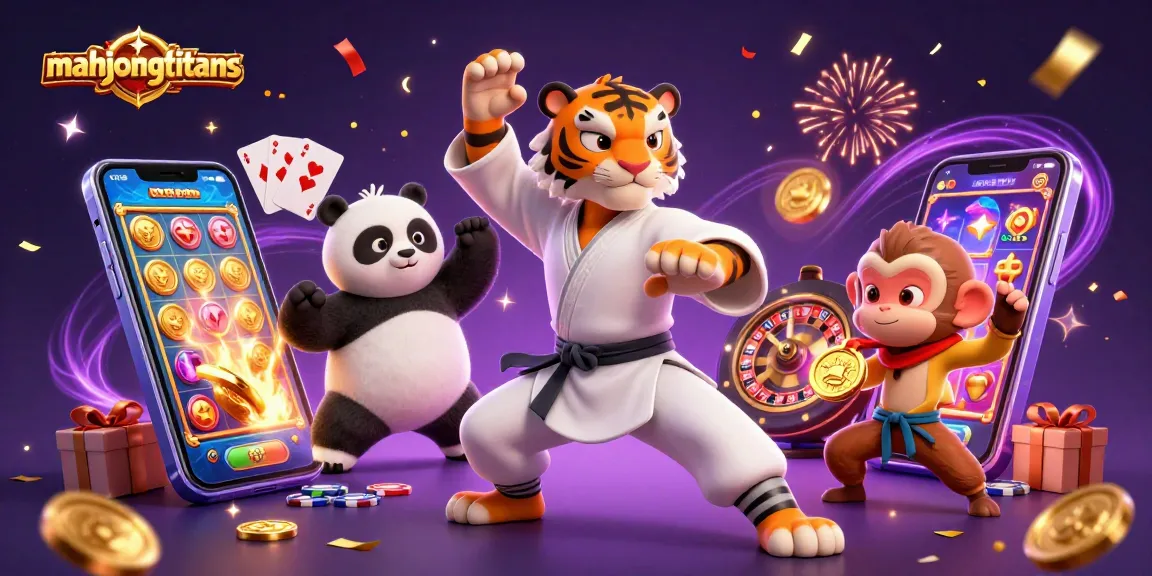 Experience MahjongTitans excitement with a kung fu tiger master displaying a victorious crane stance amid vibrant casino elements.