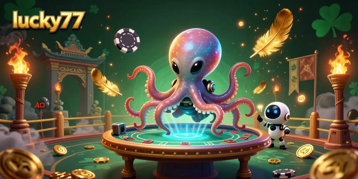 Experience thrilling poker action with lucky77 as a space octopus deals cards at a holographic table.