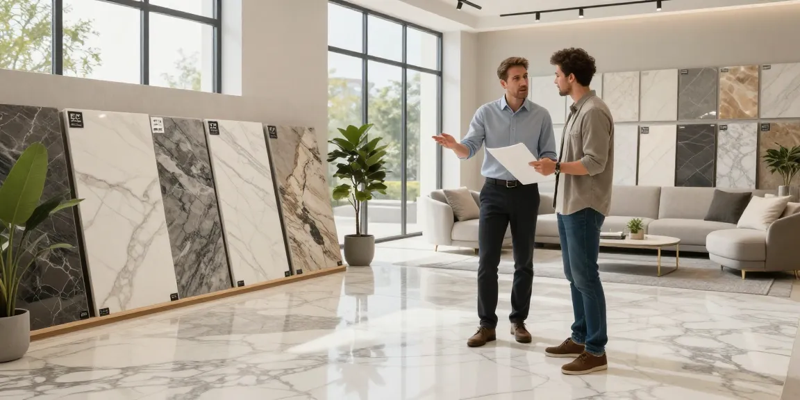 High-end EC Floor & Stone showroom featuring luxury materials with NAGA2000 designer consulting client.