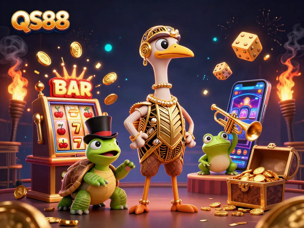 Spin the reels with QS88 at a vibrant speakeasy casino filled with excitement and colorful symbols.