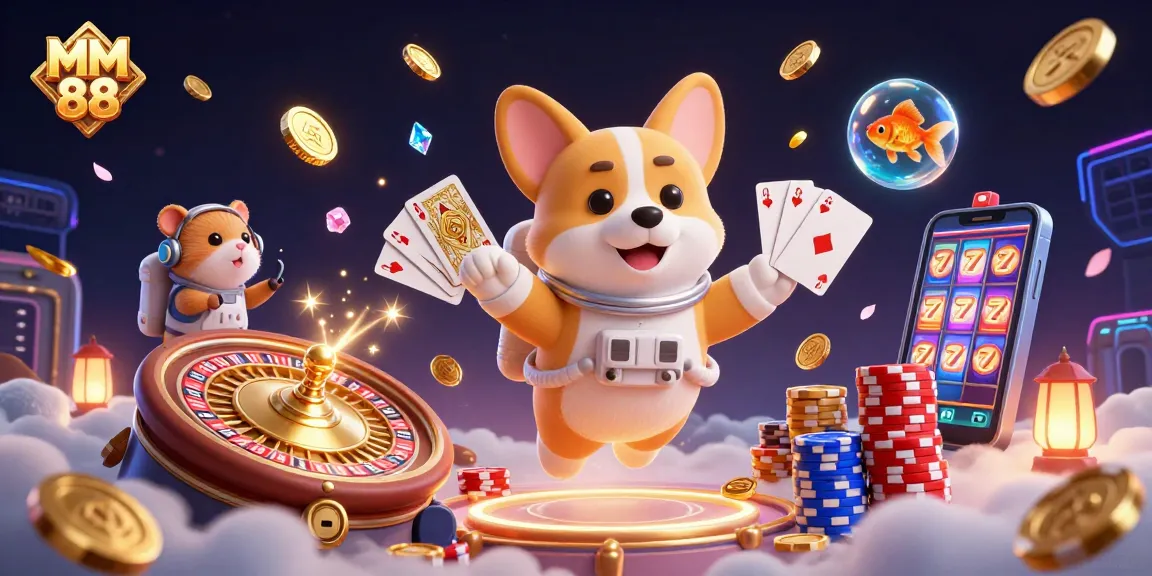 Join the excitement at MM 88 with an astronaut corgi rolling poker chips in a vibrant casino.