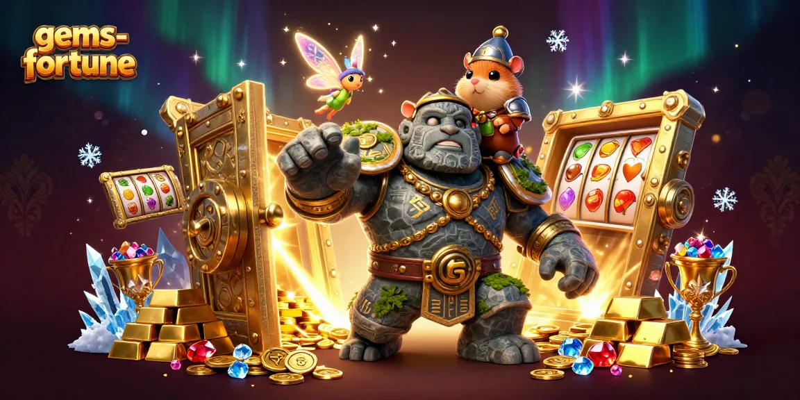 Engage with gems-fortune as the golem awakens in a dazzling treasure scene filled with magic.