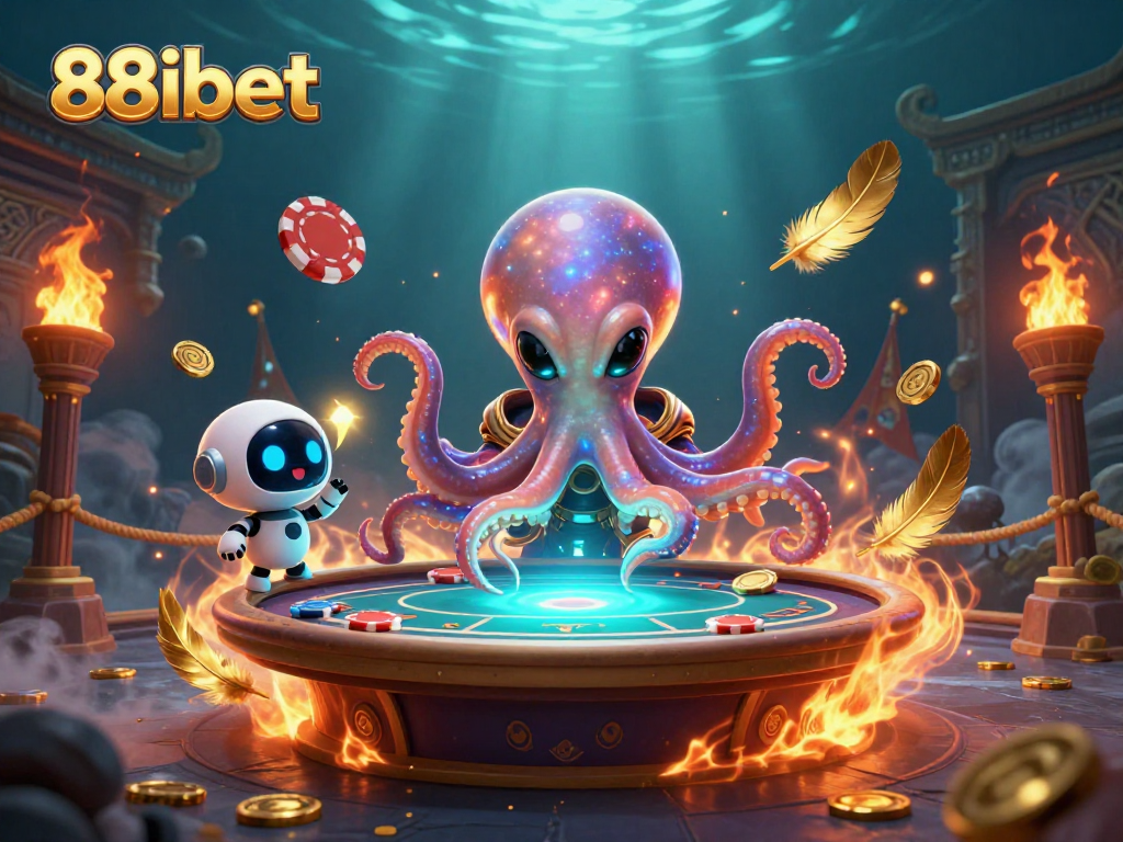 Play poker with the 88ibet alien octopus and a robot in a vibrant cosmic casino.