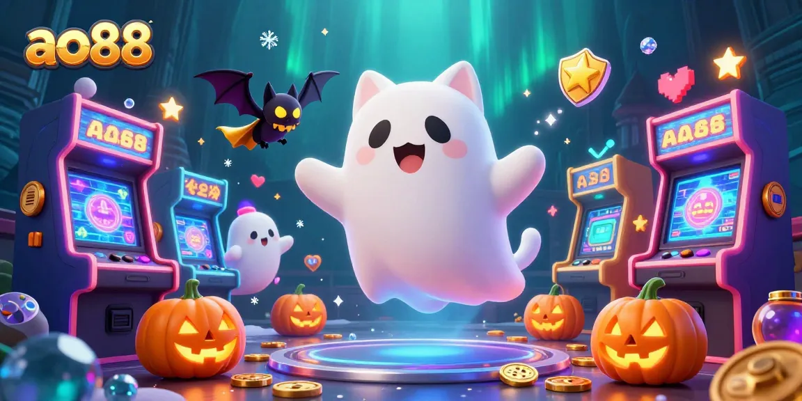 Experience the thrill of ao88 with a friendly ghost cat and glowing games in a haunted casino scene.