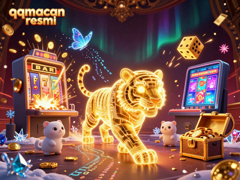 Experience the thrills of qqmacan resmi as a golden tiger prowls through a vibrant digital casino scene.