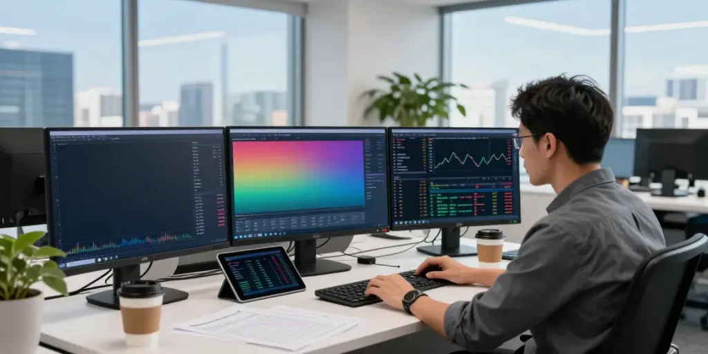 Financial analyst using MetaTrader 5 in a modern office with charts and market data.