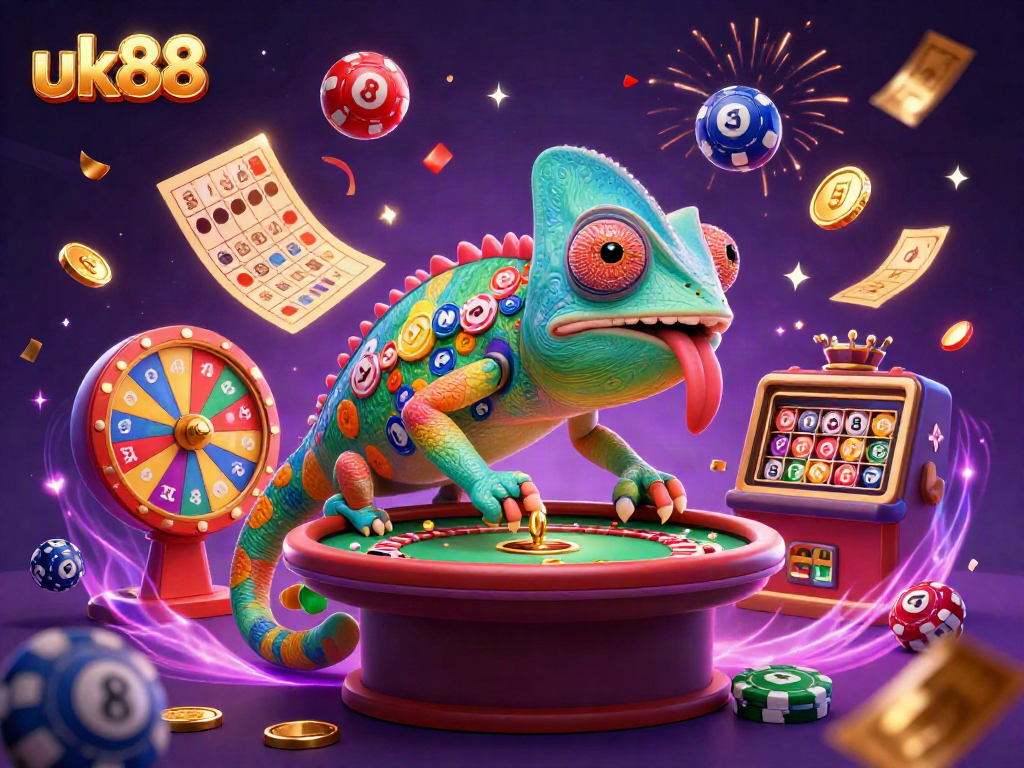 Experience excitement at uk88 with a chameleon casino owner amidst vibrant games and festive elements.