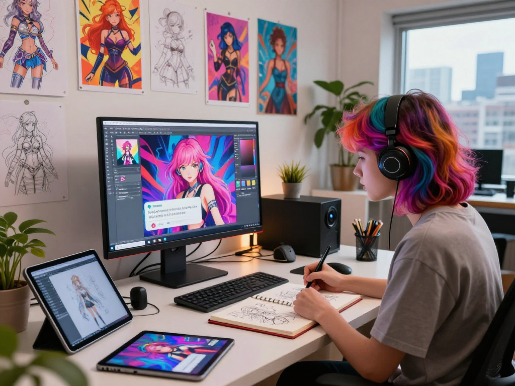 Explore AI hentai chat in a creative digital art studio, showcasing innovative design tools and vibrant illustrations.