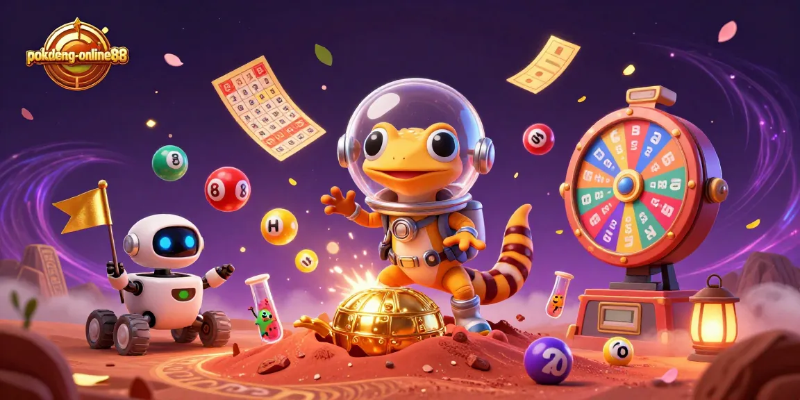 Engage in thrilling Pok Deng gameplay at pokdeng-online88 with a Martian gecko uncovering a golden casino.