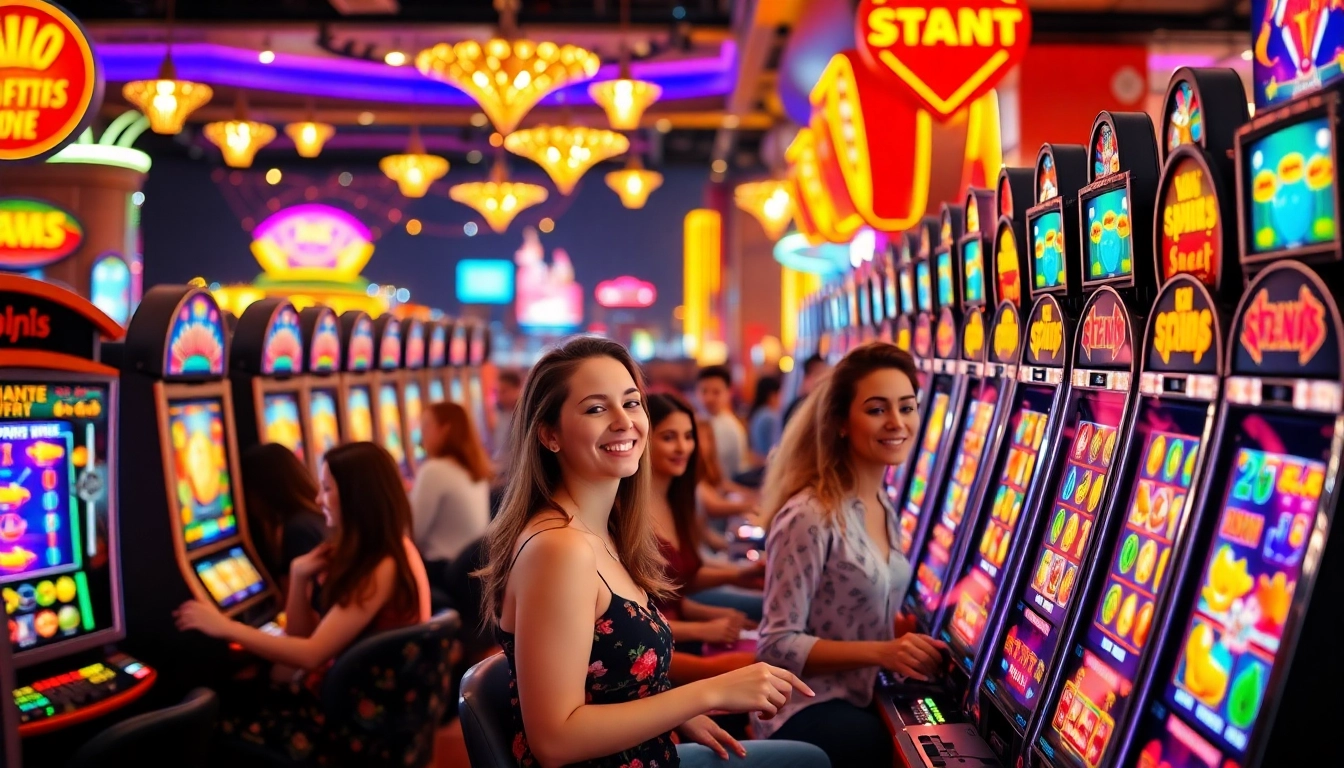 Experience the thrill of slot gambling with players engaging at colorful slot machines.