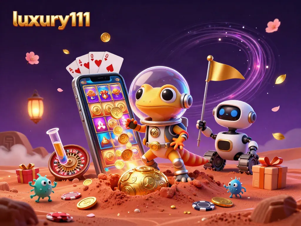 Celebrate wins at luxury111 with a Martian gecko exploring a vibrant casino scene.