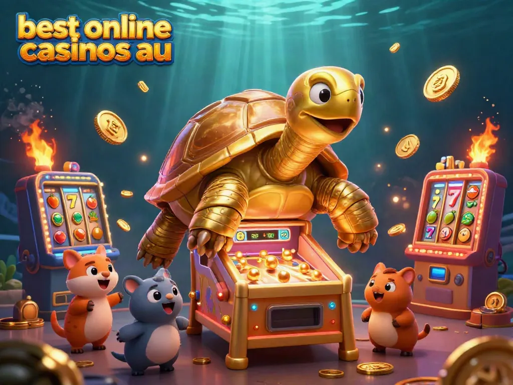 Engaging scene showcasing the best online casinos au with a giant golden tortoise pinball machine featuring vibrant slots, excited animals, and golden coins.