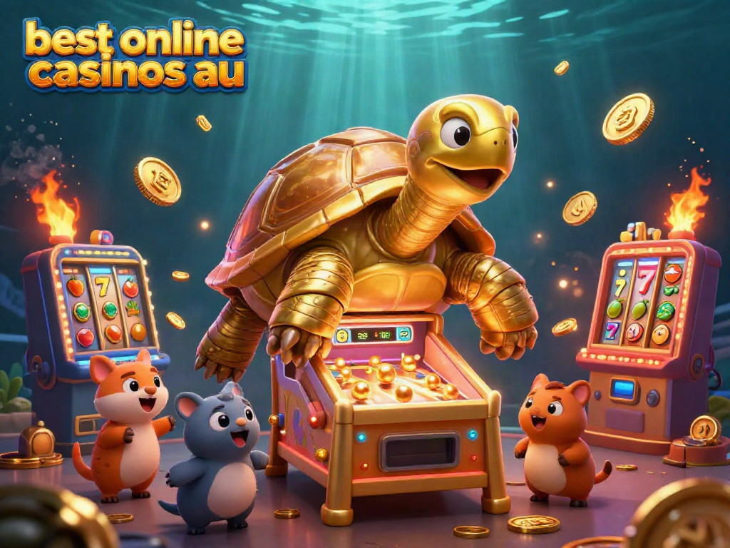 Engaging scene showcasing the best online casinos au with a giant golden tortoise pinball machine featuring vibrant slots, excited animals, and golden coins.