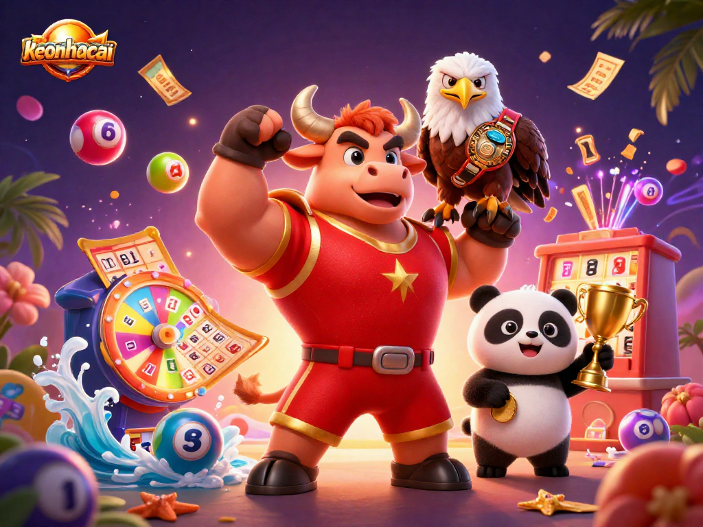 Engage with keonhacai's dynamic gaming scene featuring vibrant characters and lottery excitement.