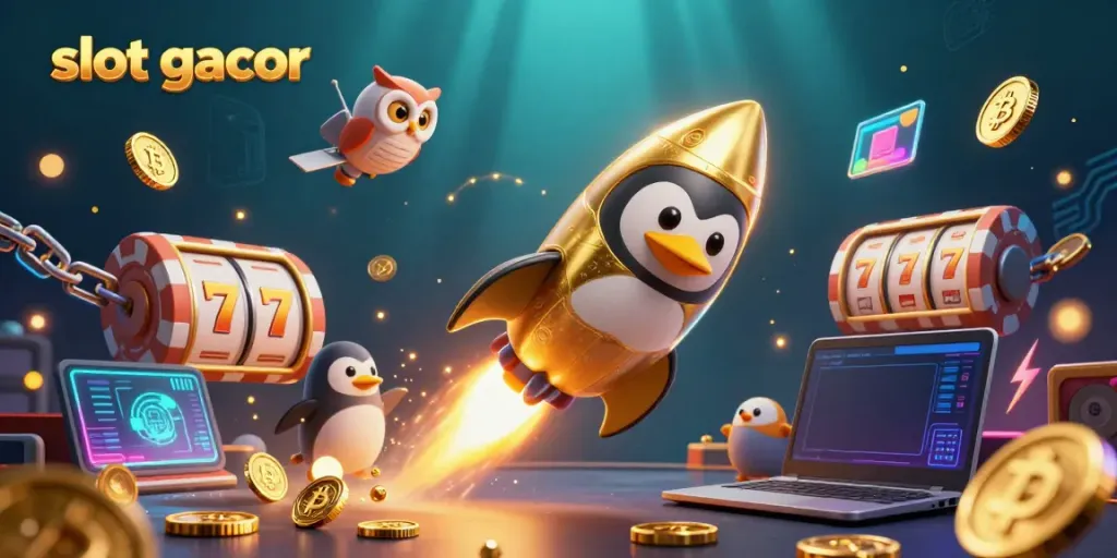 Menghasilkan kemenangan di slot gacor dengan penguin emas dan simbol slot yang mengkilap.