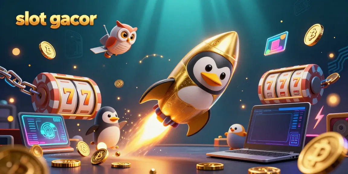 Menghasilkan kemenangan di slot gacor dengan penguin emas dan simbol slot yang mengkilap.