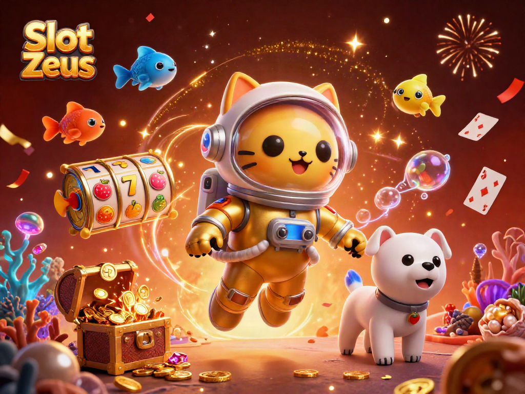 Join the adventure with Slot Zeus and win big amidst bursts of gold coins in this captivating slot-themed scene.