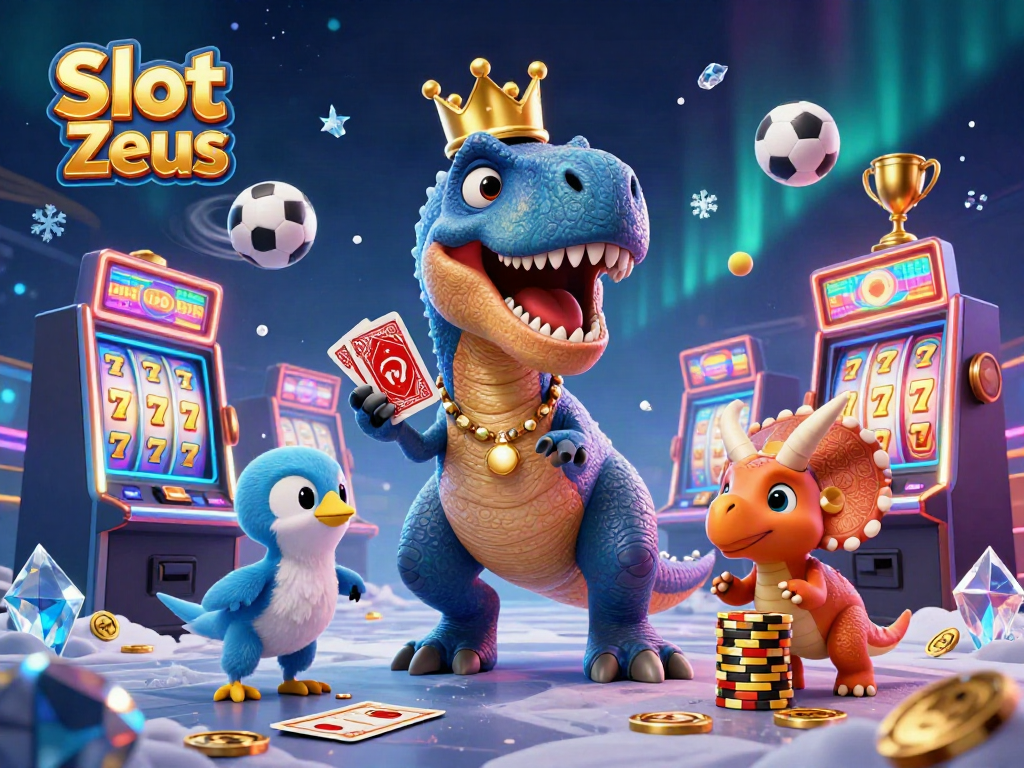 Slot Zeus menghadirkan T-Rex lucu yang mencoba membagikan kartu dalam suasana kasino yang meriah.