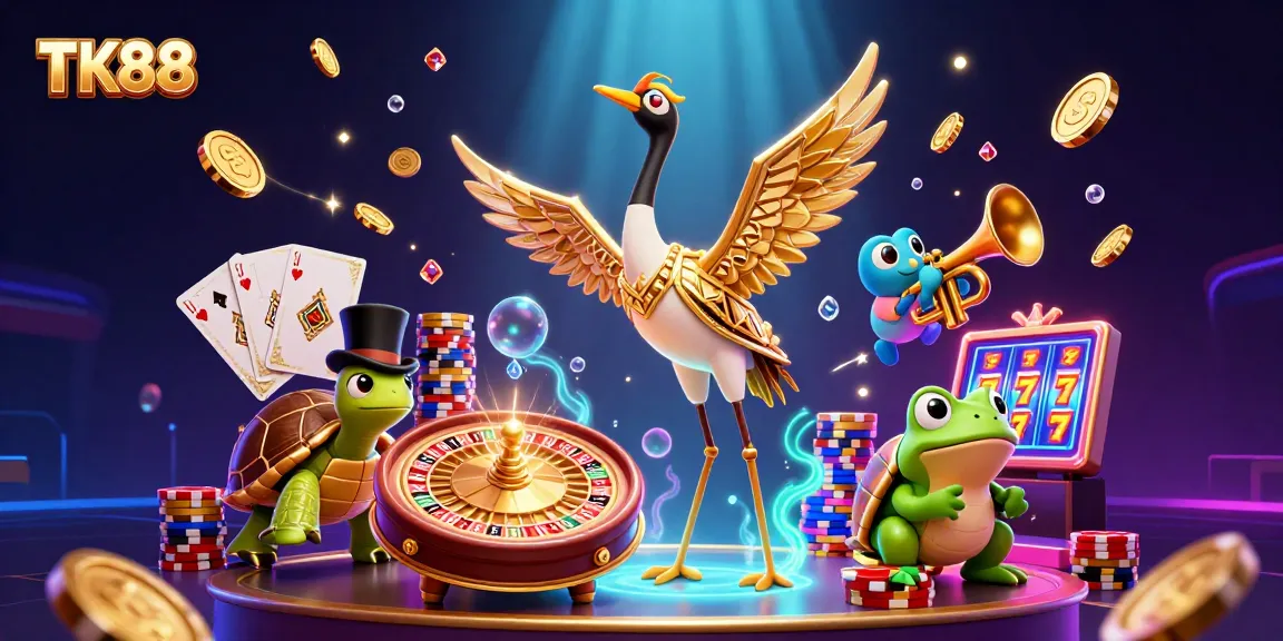 Engage in thrilling gameplay at TK88 with vibrant casino characters and sparkling elements.