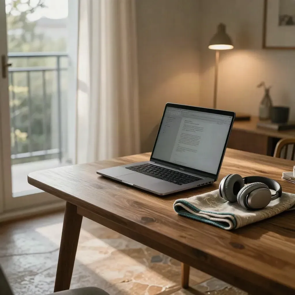 Quiet remote-work corner with laptop, headset, folded throw, and balcony light.