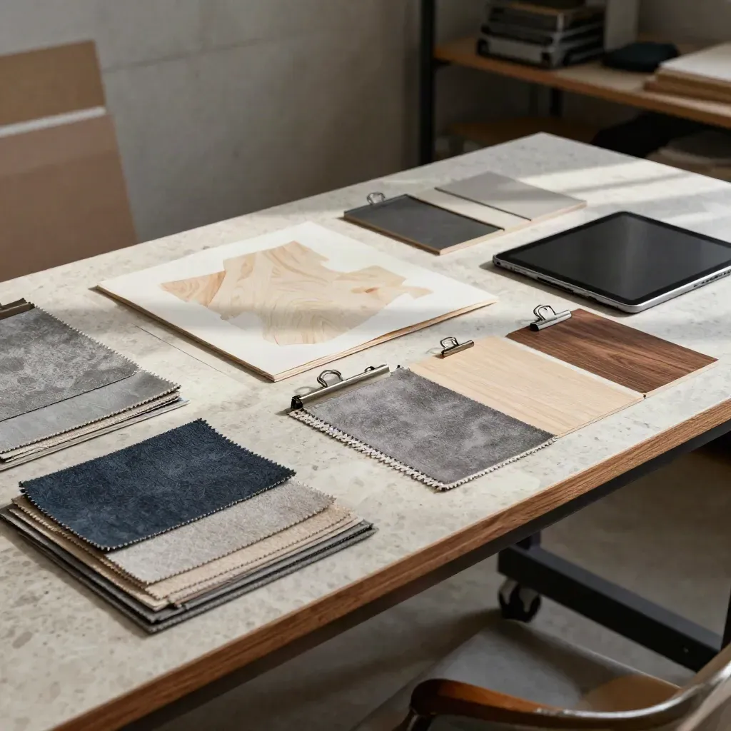 Design studio worktable with swatches, face-down tablet, and sample boards mid-setup