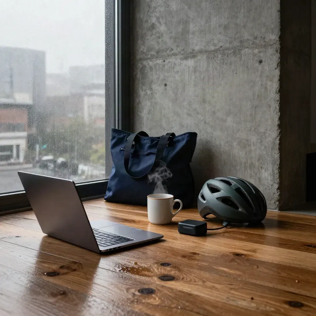 Moody loft work corner at dawn with laptop, headset, tote, mug, helmet and dock in rain haze.