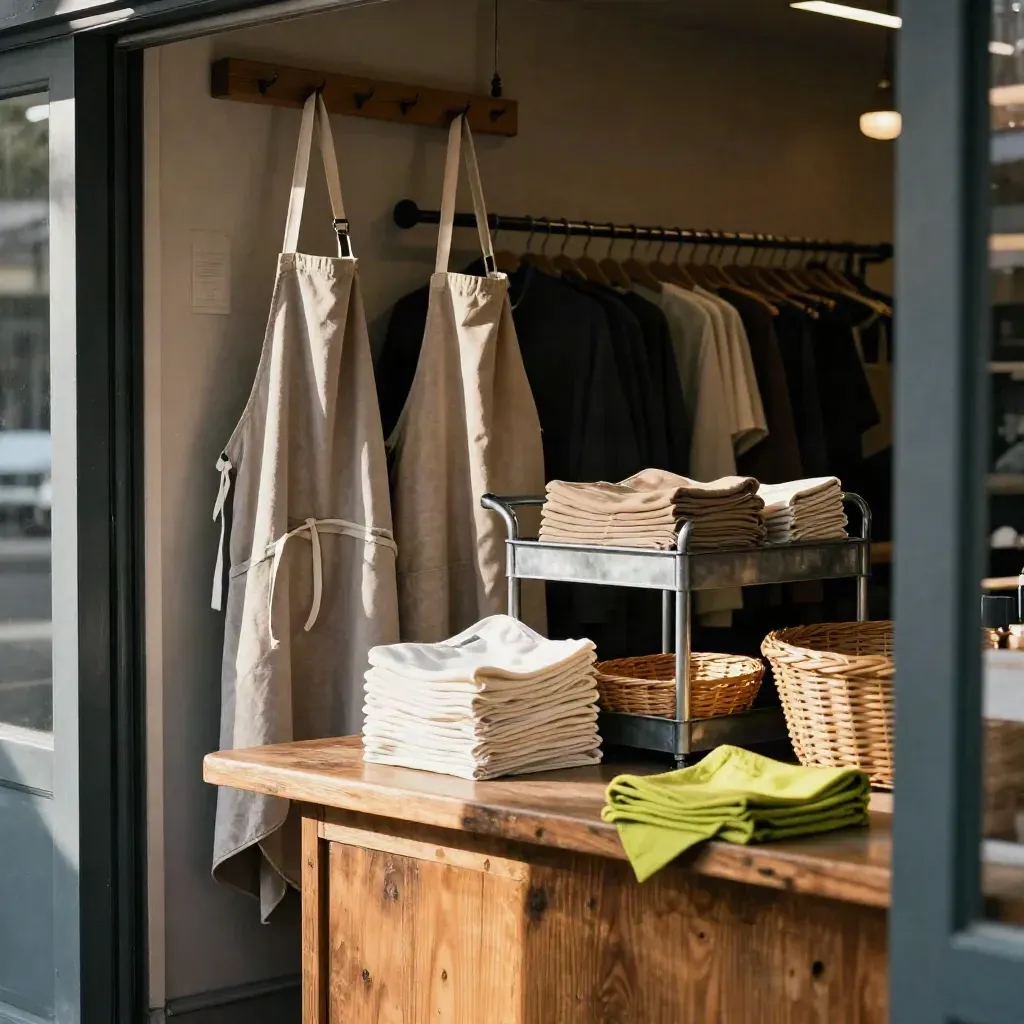 Storefront back counter with aprons, folded tees, baskets, and a ready shift cart.