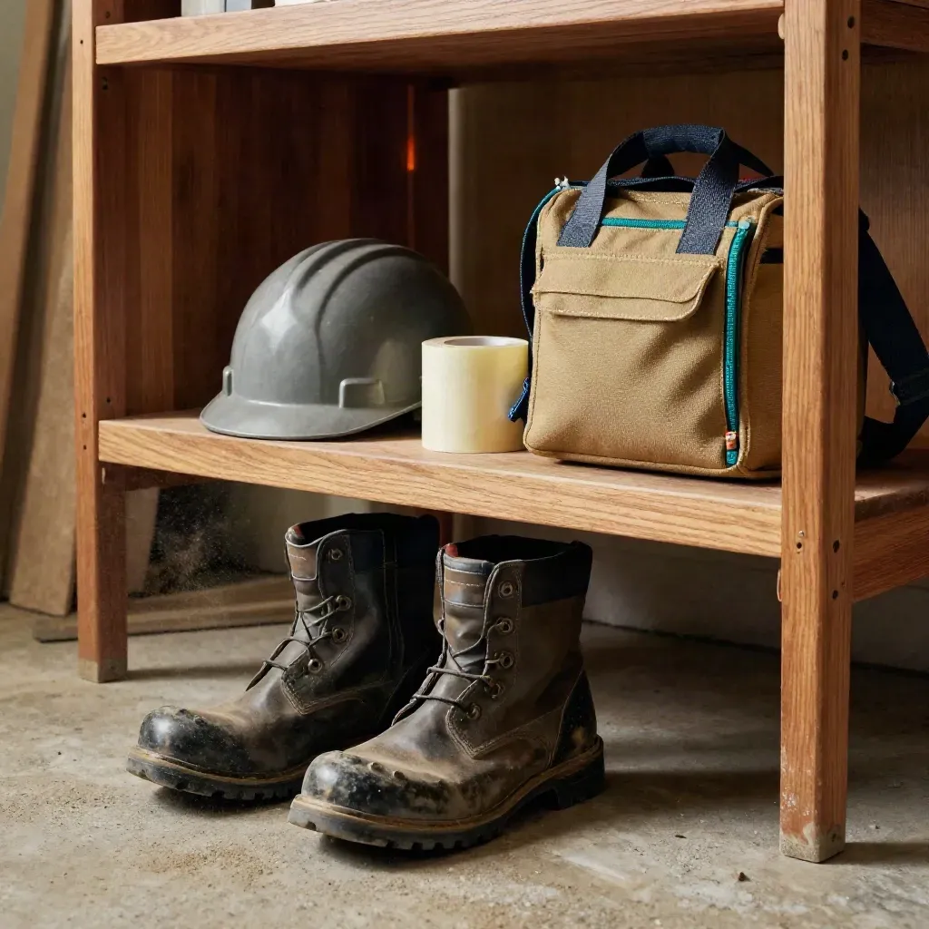 Steel-toe boots, hard hat, tape and day bag on a workshop shelf in warm light.