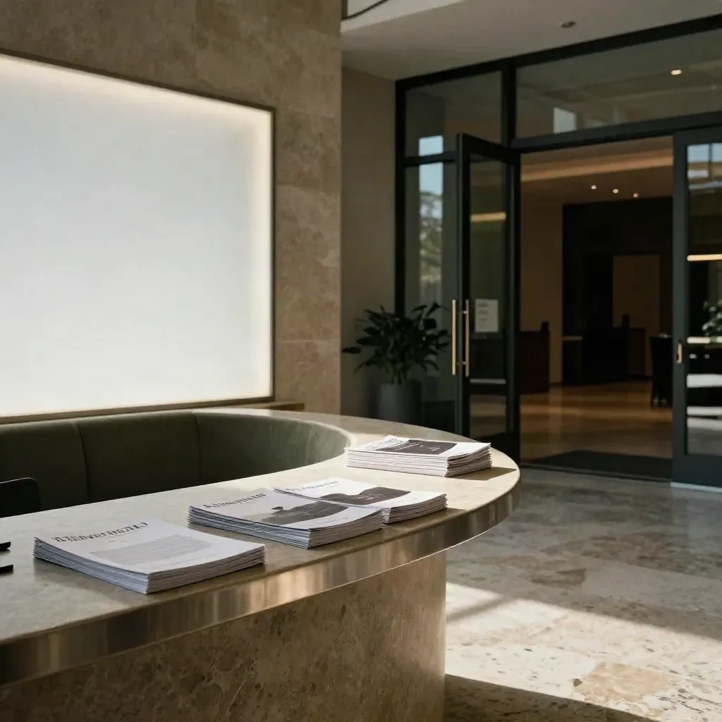 Premium lobby reception with glowing panel, brochures, and open glass doorway.