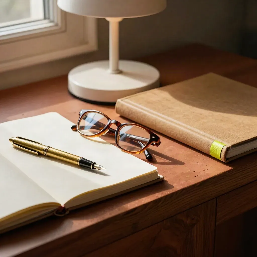 Resume binder, notebook, pen, glasses, and lamp on a warm terracotta ledge.