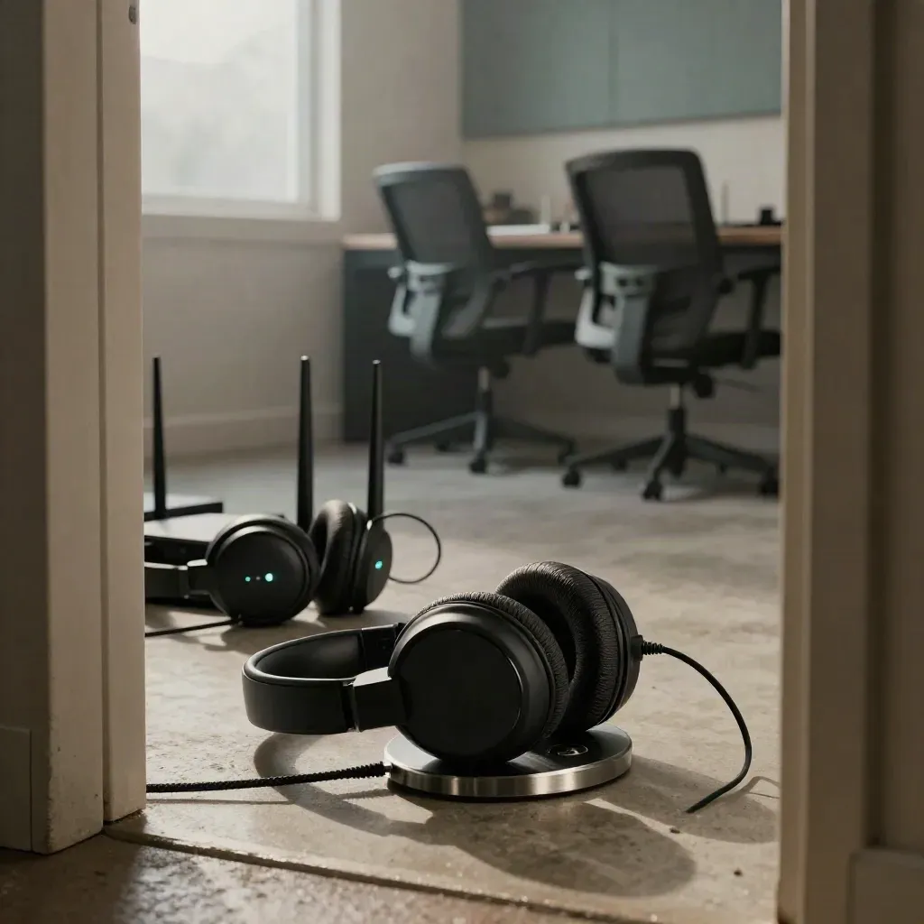 Four headsets on charging cradles beside a glowing router in a dark support hub.