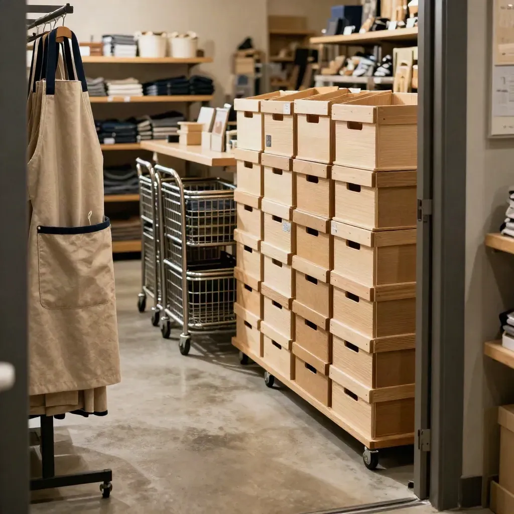 Prepared retail stockroom with aprons, shoe crates and basket trolleys in warm light.