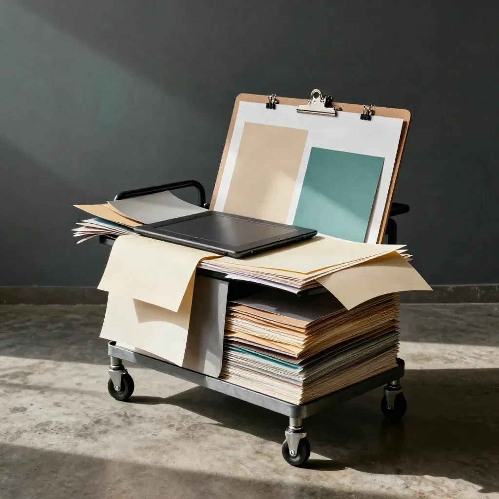 Rolling studio cart with swatches, color chips, tablet, and foam boards in a design studio