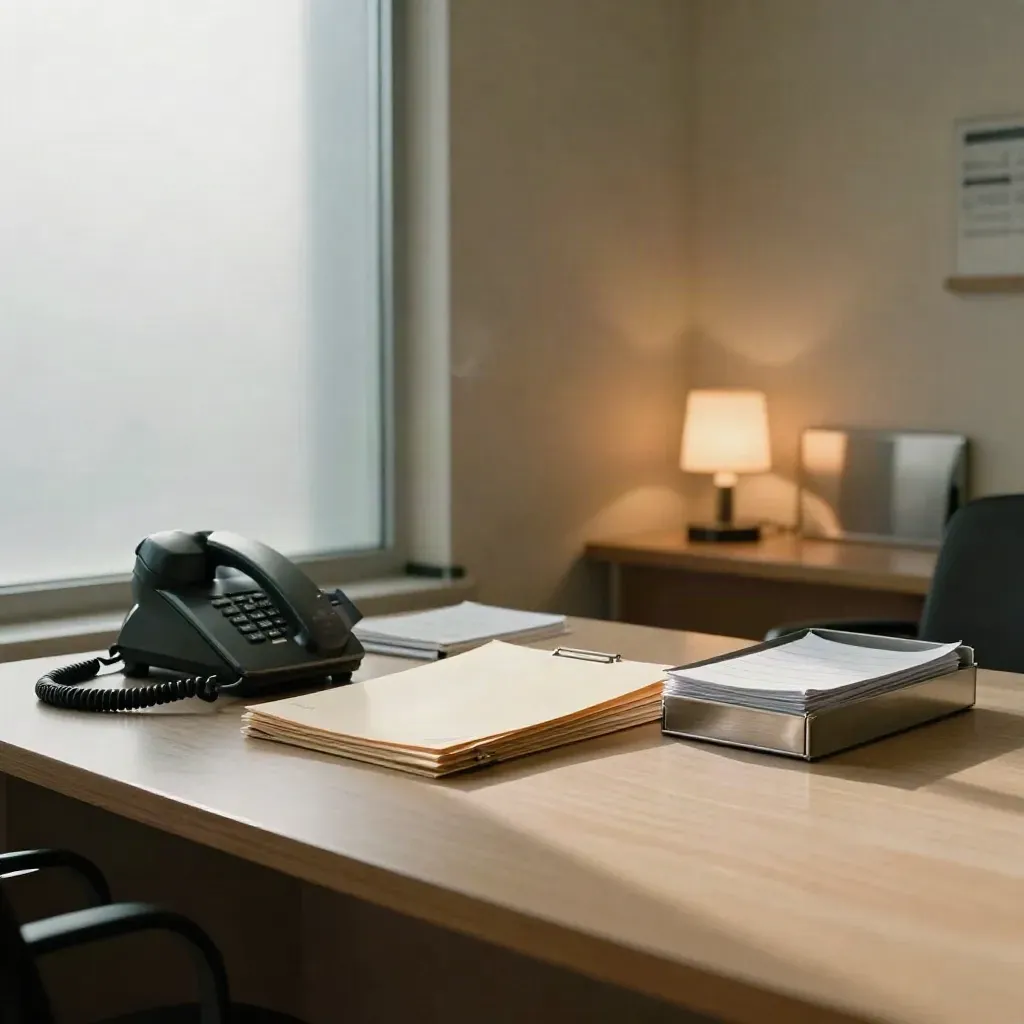 Quiet clinic coordination room with phone, folders, and appointment sleeves in warm daylight.
