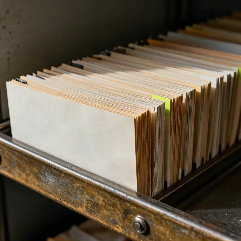 Long line of clipped employment packets on a dark shelf, one packet sliding into the front