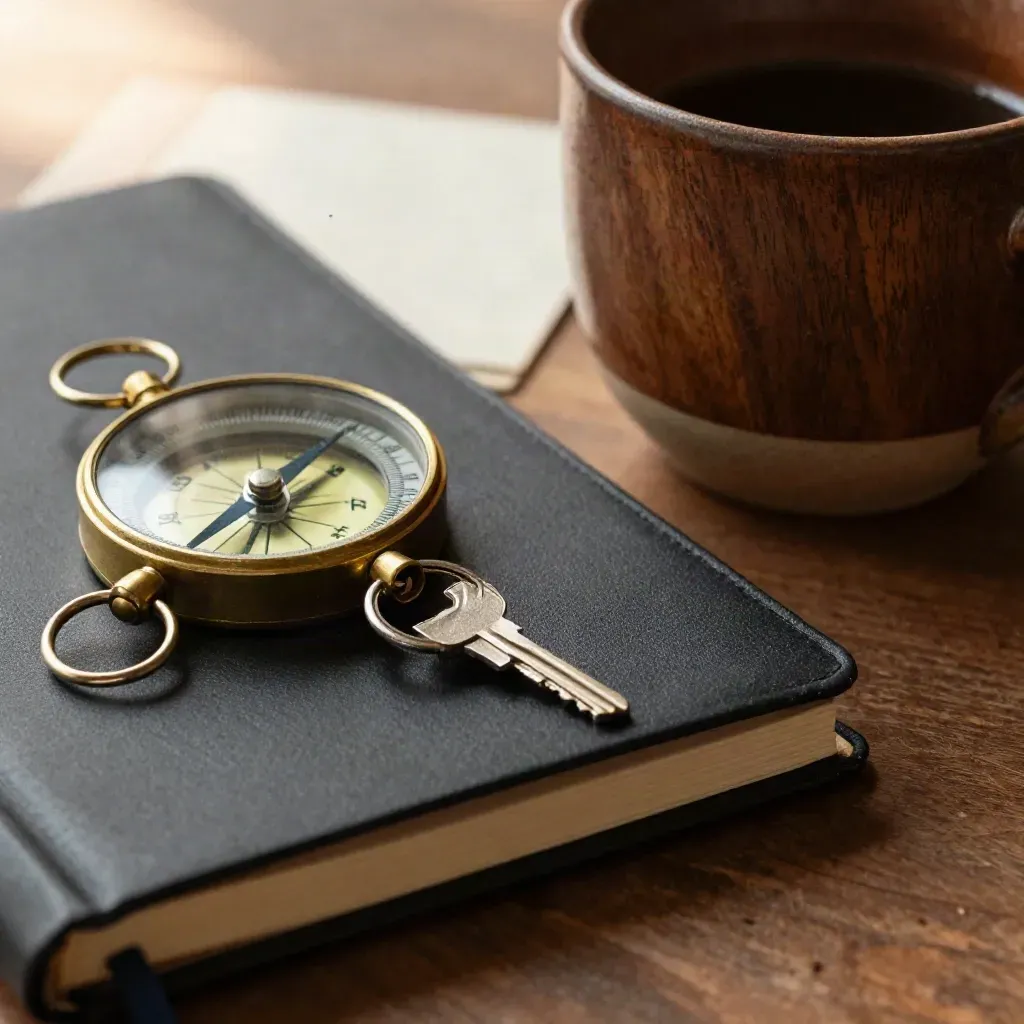 Macro desk still life with brass compass, notebook, key ring and ceramic cup on walnut.