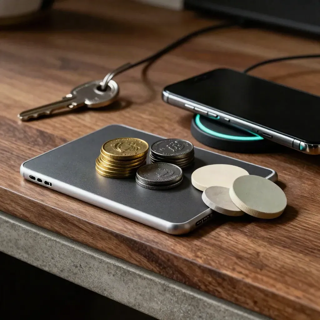 Growth desk still life with tablet, ad tokens, phone charger and color chips in dramatic light