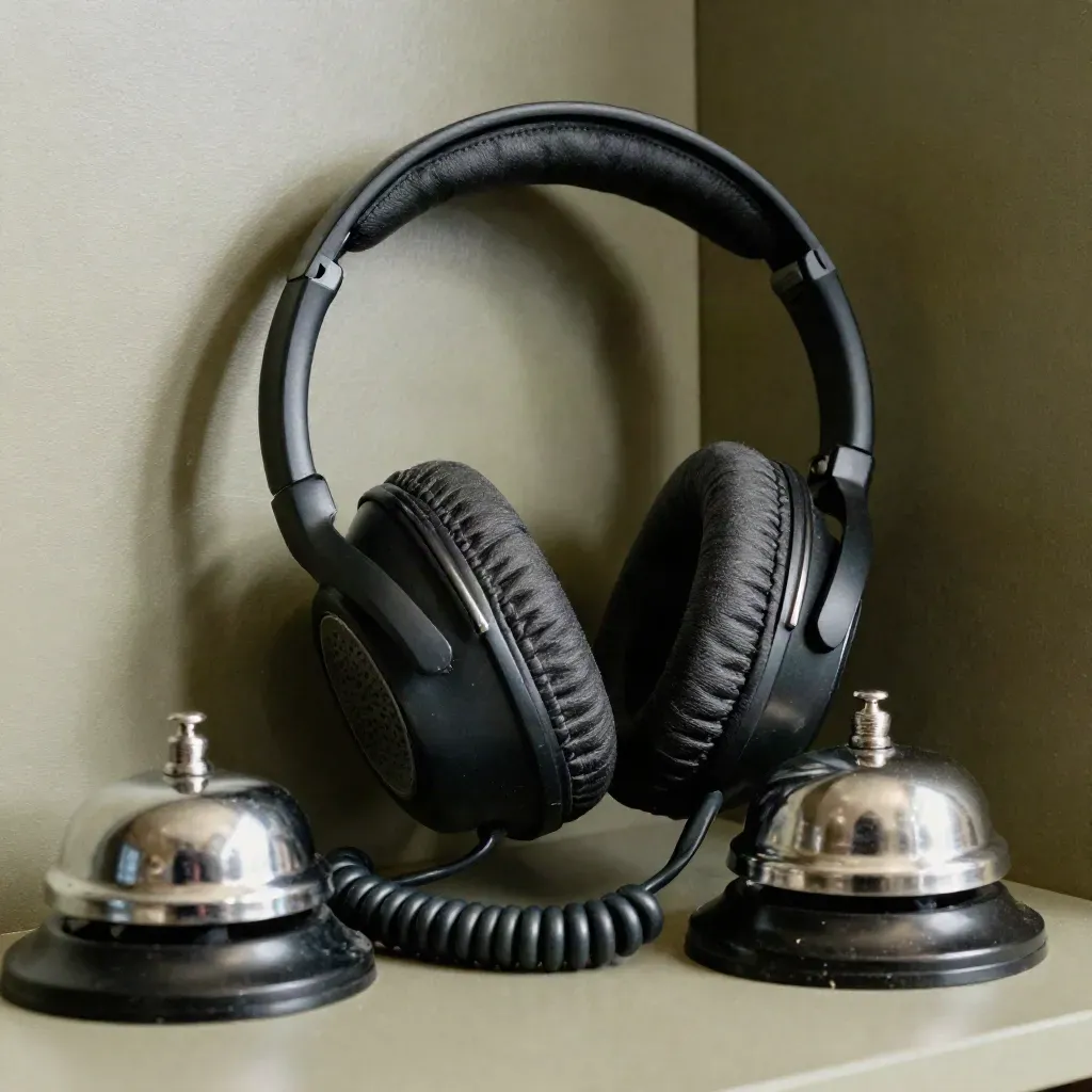 Charcoal headset, desk phone cradle, coiled cable, and service bell in a tight macro.