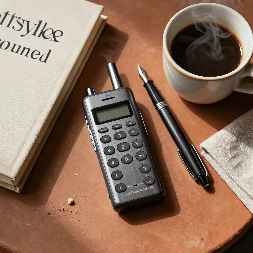 Top-down still life of recorder, pen, style guide, coffee cup and linen napkin on terracotta