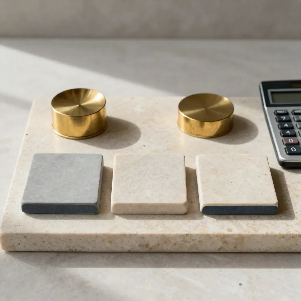 Top-down still life of plan tiles, brass paperweight and calculator on pale stone