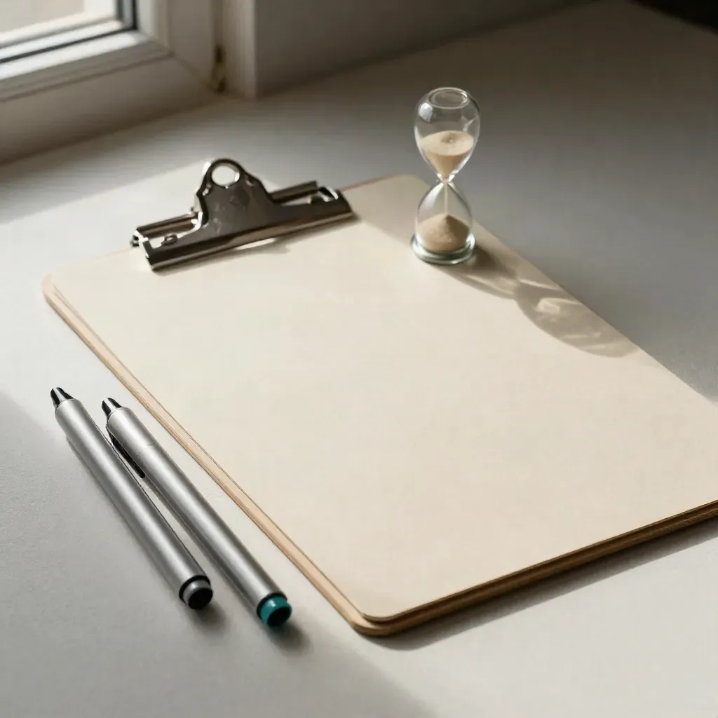 Clipboard, sand timer, and metal markers on a pale plaster surface in soft side light.