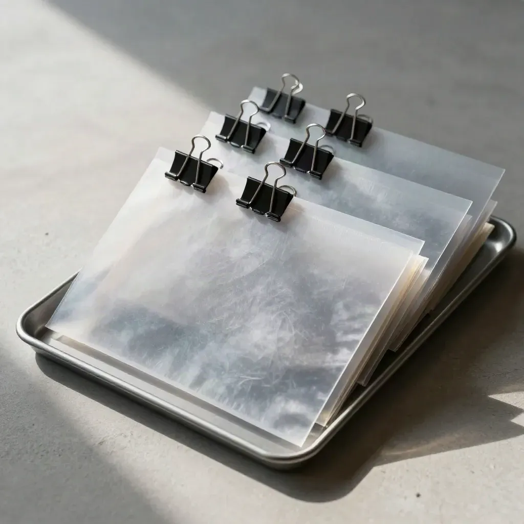 Overhead flatlay of translucent file sleeves, binder clips, and a sorting tray on pale plaster.