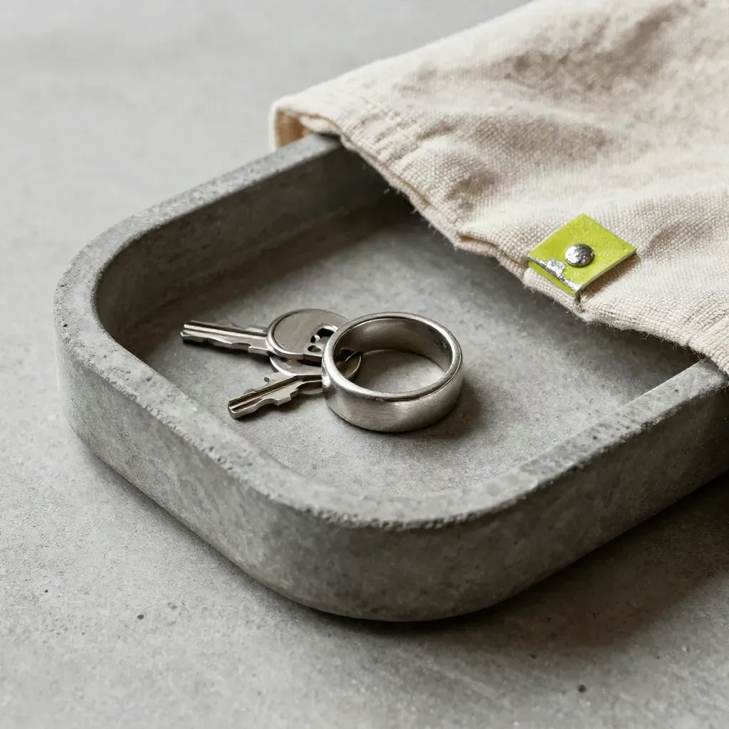 Stone tray still life with a file ring, duplicate key tags, and an open slot beside folded linen.